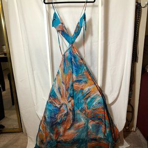 Teal Orange Print Flowy Maxi Dress